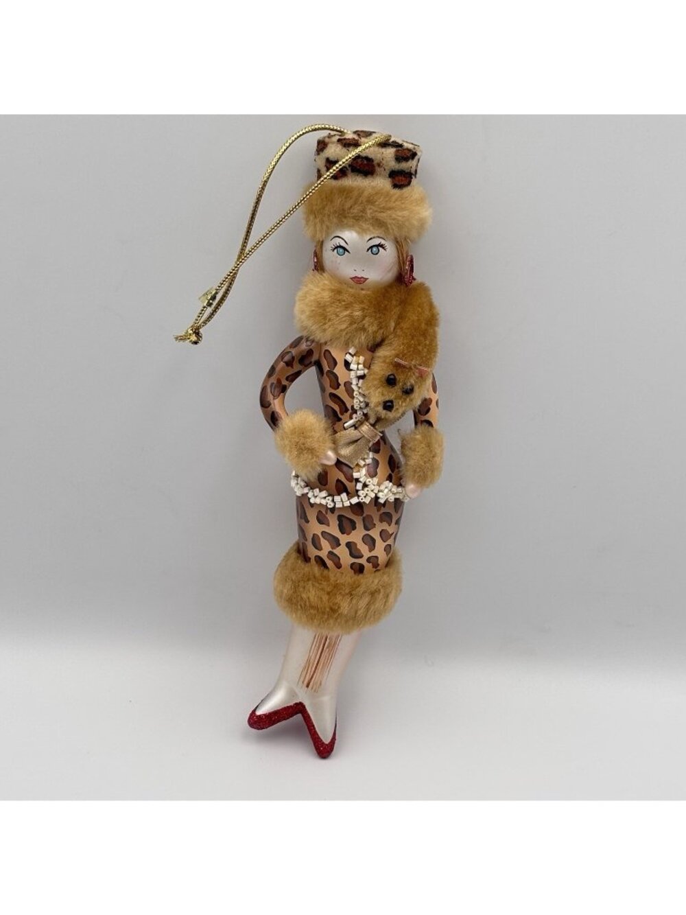 Ladies With Elegance Fashionista Glass Ornament Leopard Dress Hat Fox Stole 7โ